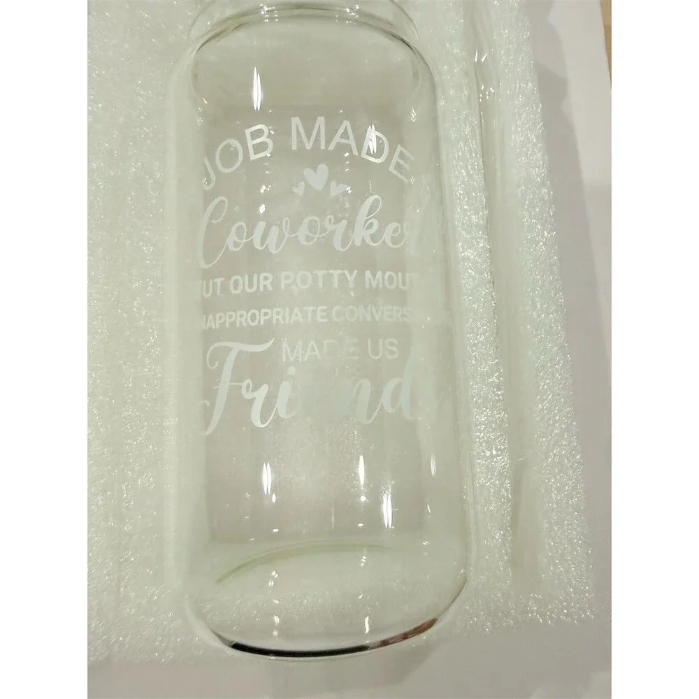 Cute Gift Glass Can Tumbler Clear Coworker Friendship Quote Lid Straw new 2 lids